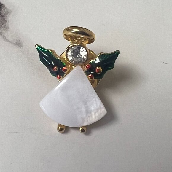 Vintage White Shell Gold Tone Angel Rhinestone Small Pin Brooch Birthstone - Picture 3 of 9
